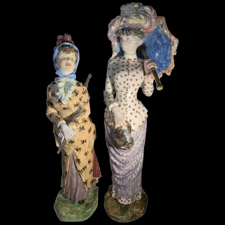 Cacciapuoti Fratelli, 2 Impressionist Ceramic Sculptures Of Elegant Women, 1881